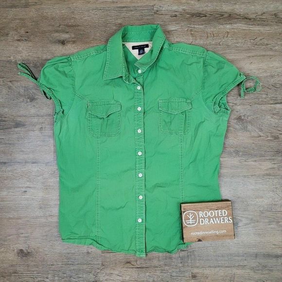 Tommy Hilfiger Tops - Tommy Hilfiger T-Shirt Button Up Green Solid Polo Shirt Short Sleeve 90s Y2K L